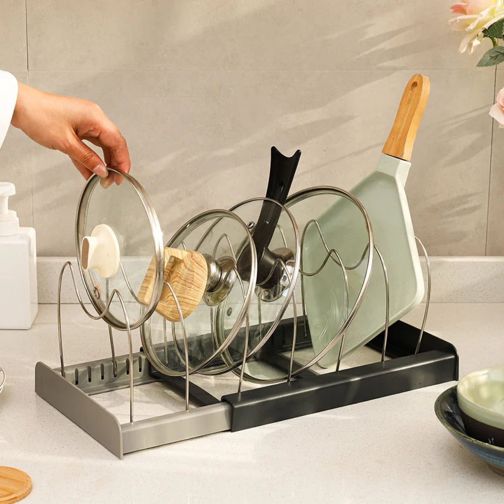 Organizador De Tampa Gaveta Cozinha Encaixe Prato Expansível Cor Cinza-escuro