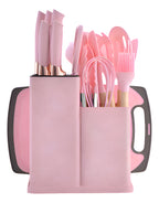 Kit 19 Utensílios De Cozinha rosa Em Silicone E Aço Inox Com Facas, Tesoura, Tábua E Porta Utensílios Resistentes Ao Calor Ideal Para Panelas Antiaderentes Design Moderno E Funcional Ponte Lar