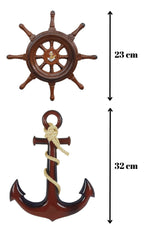 Timão E Âncora Decoração Náutica Praia Marinheiro Resina Cor Marrom