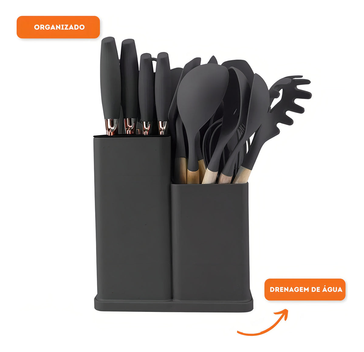 Jogo de Utensílios 19 Peças em Silicone Preto com Cabos de Madeira 32cm Resistentes ao Calor Design Moderno com Balde Organizador e Acessórios Inclusos – Ke Home