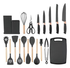 Jogo de Utensílios 19 Peças em Silicone Preto com Cabos de Madeira 32cm Resistentes ao Calor Design Moderno com Balde Organizador e Acessórios Inclusos – Ke Home