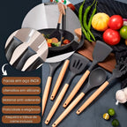 Jogo de Utensílios 19 Peças em Silicone Preto com Cabos de Madeira 32cm Resistentes ao Calor Design Moderno com Balde Organizador e Acessórios Inclusos – Ke Home