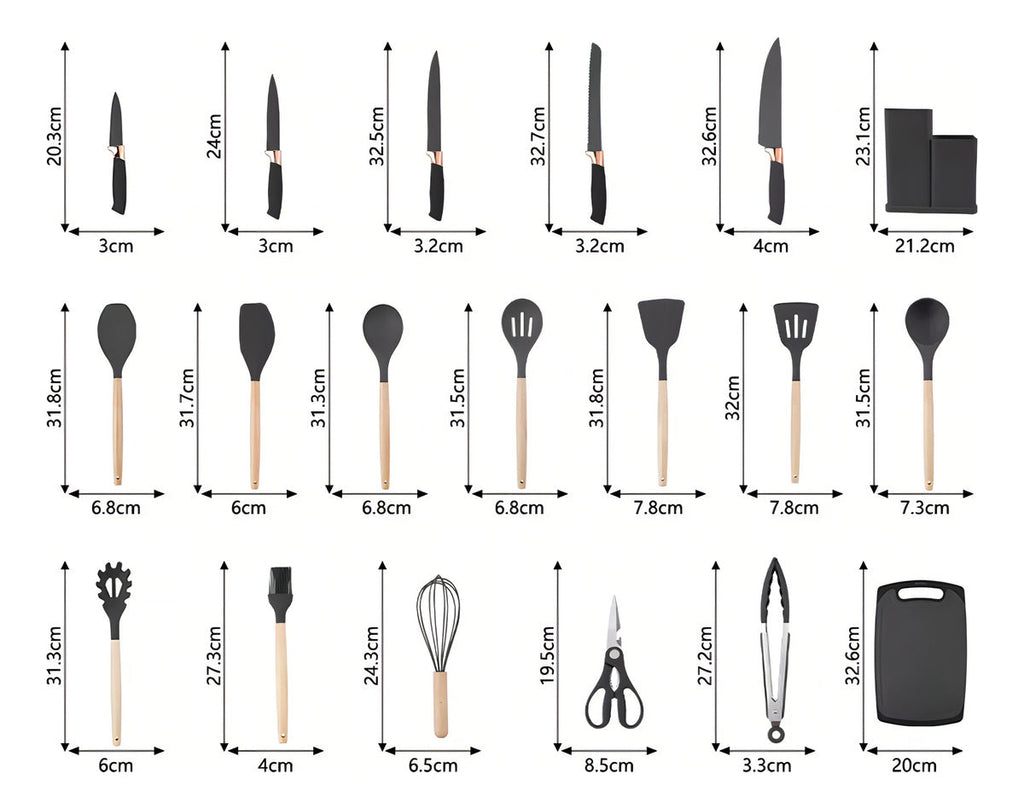 Jogo de Utensílios 19 Peças em Silicone Preto com Cabos de Madeira 32cm Resistentes ao Calor Design Moderno com Balde Organizador e Acessórios Inclusos – Ke Home