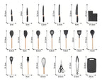 Jogo de Utensílios 19 Peças em Silicone Preto com Cabos de Madeira 32cm Resistentes ao Calor Design Moderno com Balde Organizador e Acessórios Inclusos – Ke Home