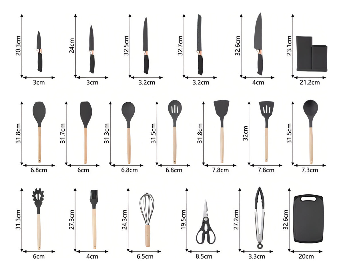 Jogo de Utensílios 19 Peças em Silicone Preto com Cabos de Madeira 32cm Resistentes ao Calor Design Moderno com Balde Organizador e Acessórios Inclusos – Ke Home