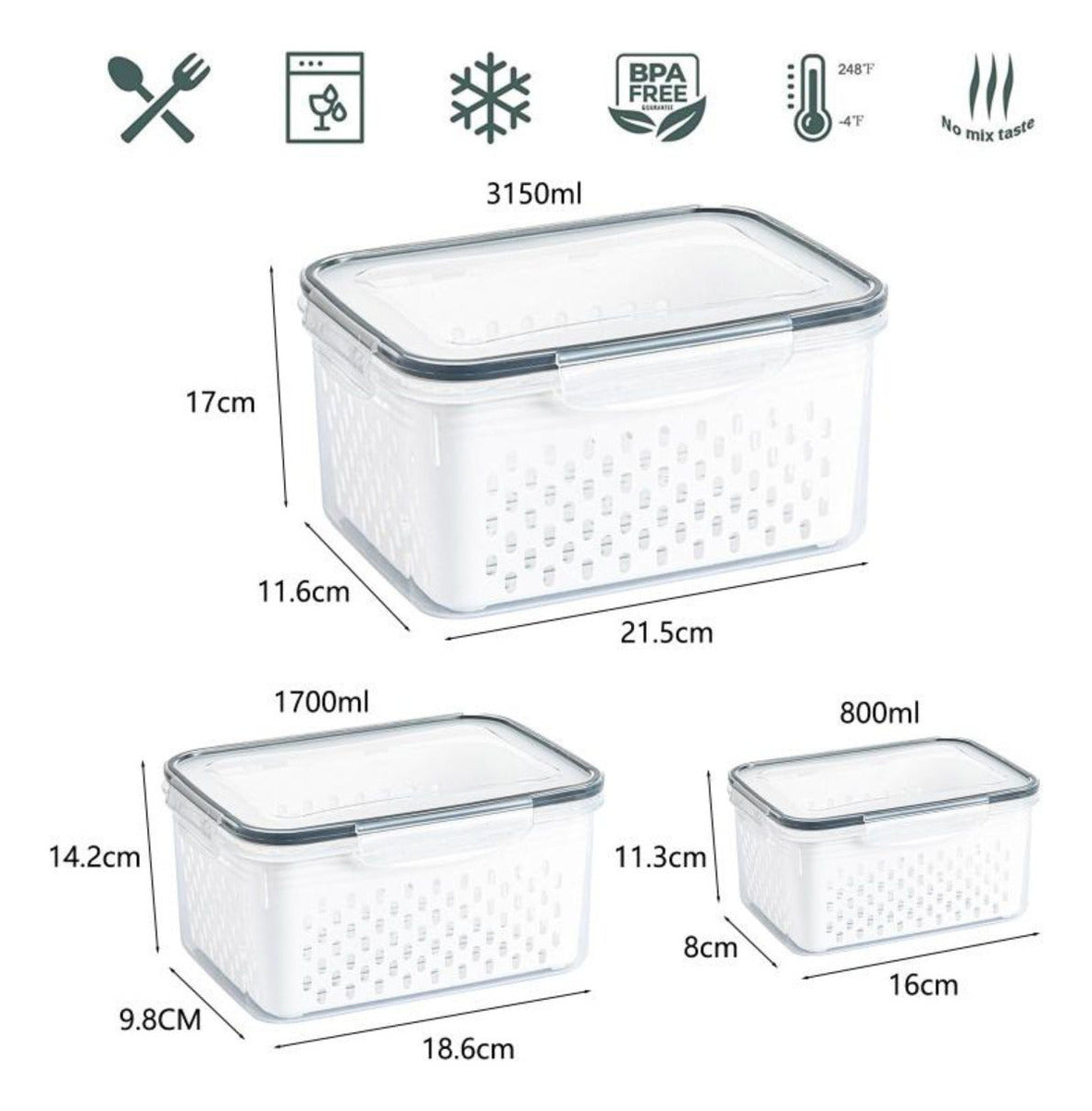 Kit 3 Organizadores Geladeira 5.6 Litros Com Tampa Antivazamento Alimentos Vegetais Cesto Porta Frutas Clear Fresh - Marca Macater