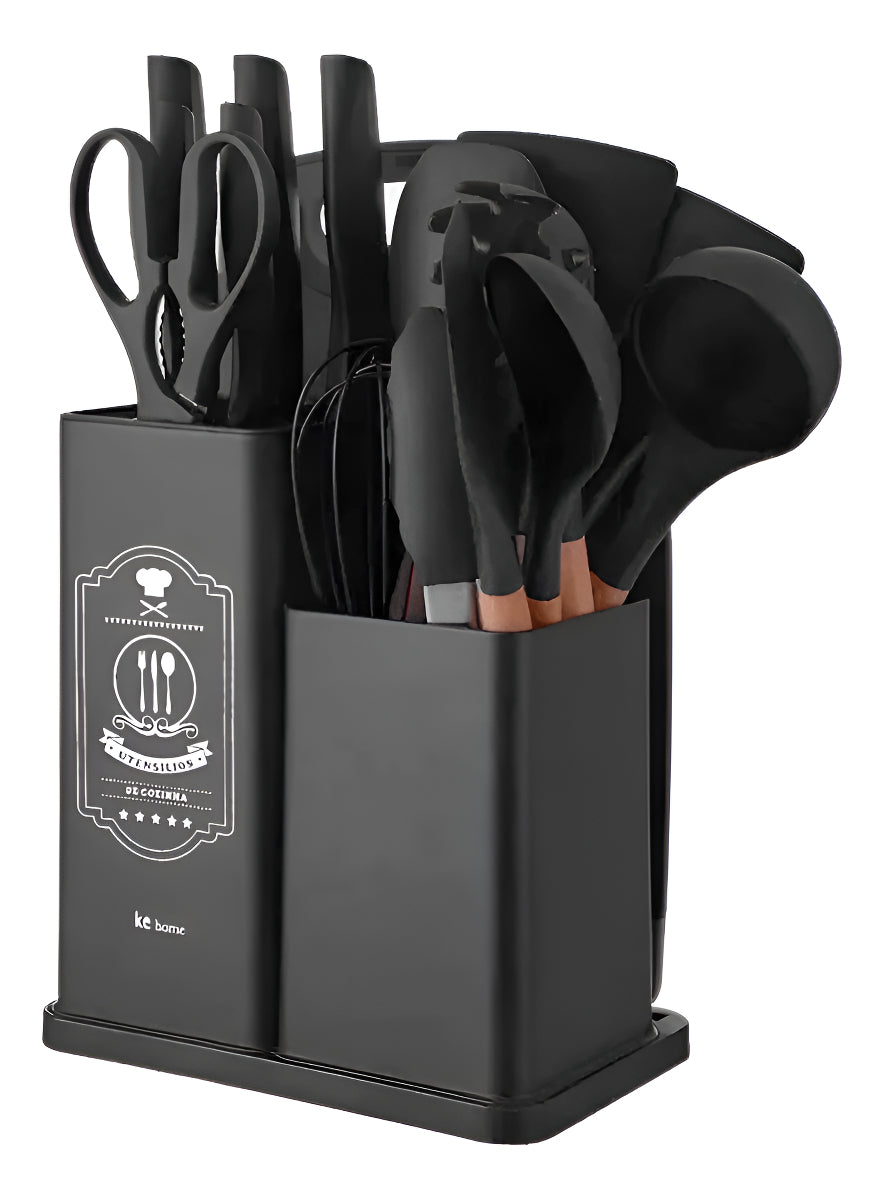 Jogo de Utensílios 19 Peças em Silicone Preto com Cabos de Madeira 32cm Resistentes ao Calor Design Moderno com Balde Organizador e Acessórios Inclusos – Ke Home