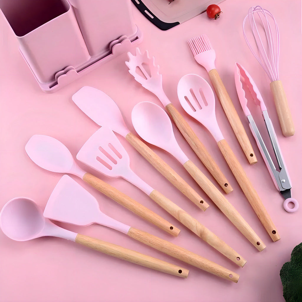 Kit 19 Utensílios De Cozinha rosa Em Silicone E Aço Inox Com Facas, Tesoura, Tábua E Porta Utensílios Resistentes Ao Calor Ideal Para Panelas Antiaderentes Design Moderno E Funcional Ponte Lar