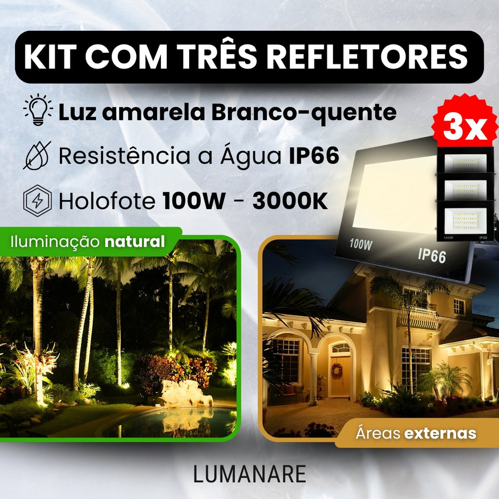 Kit Com 3 Refletor Led Holofote 100w Luz Branco-quente 3000k Resistente A Chuva Econômico Fácil De Instalar Carcaça Preta Ip66 Jardim Fachada Quintal