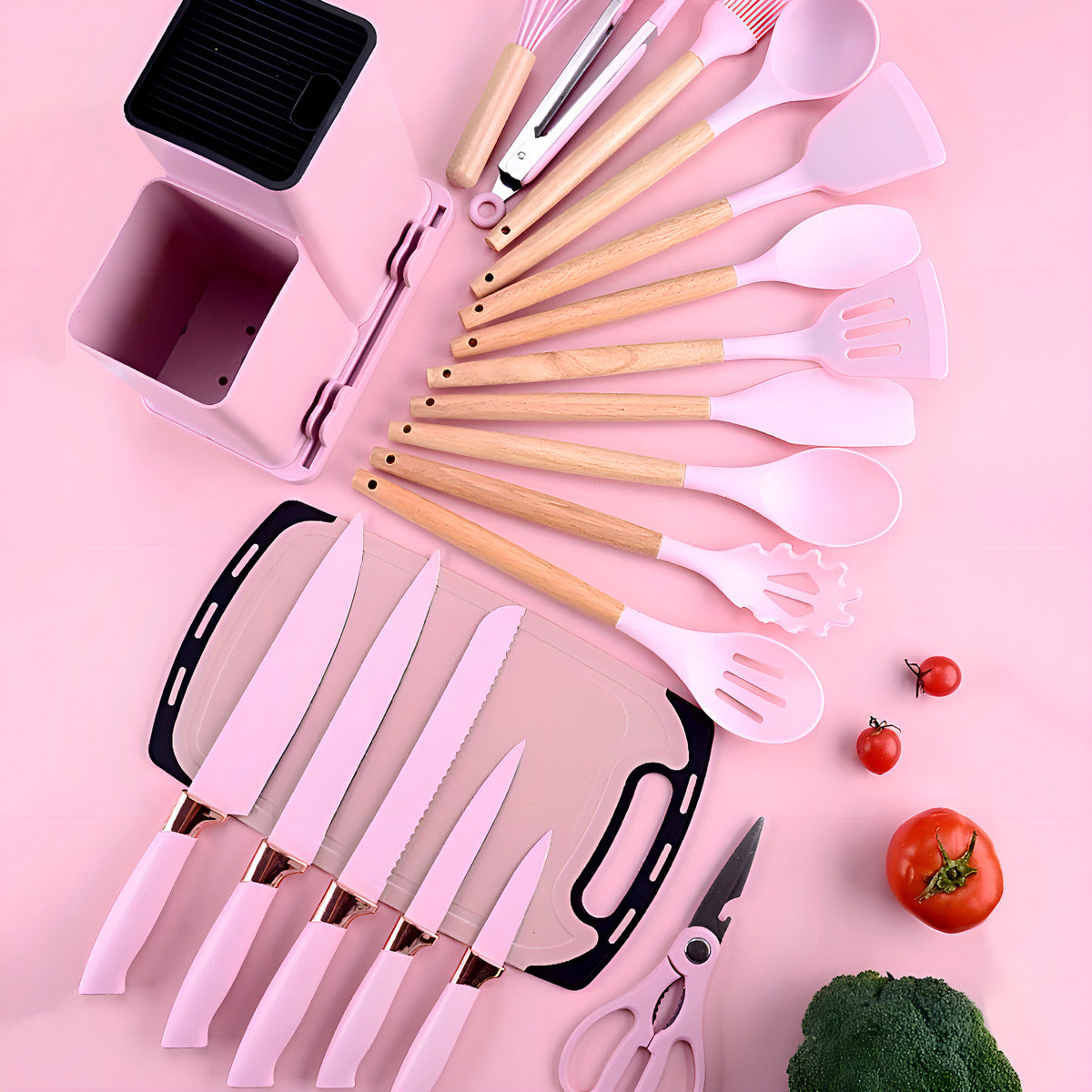 Kit 19 Utensílios De Cozinha rosa Em Silicone E Aço Inox Com Facas, Tesoura, Tábua E Porta Utensílios Resistentes Ao Calor Ideal Para Panelas Antiaderentes Design Moderno E Funcional Ponte Lar