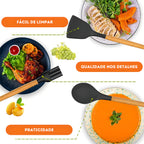 Jogo de Utensílios 19 Peças em Silicone Preto com Cabos de Madeira 32cm Resistentes ao Calor Design Moderno com Balde Organizador e Acessórios Inclusos – Ke Home