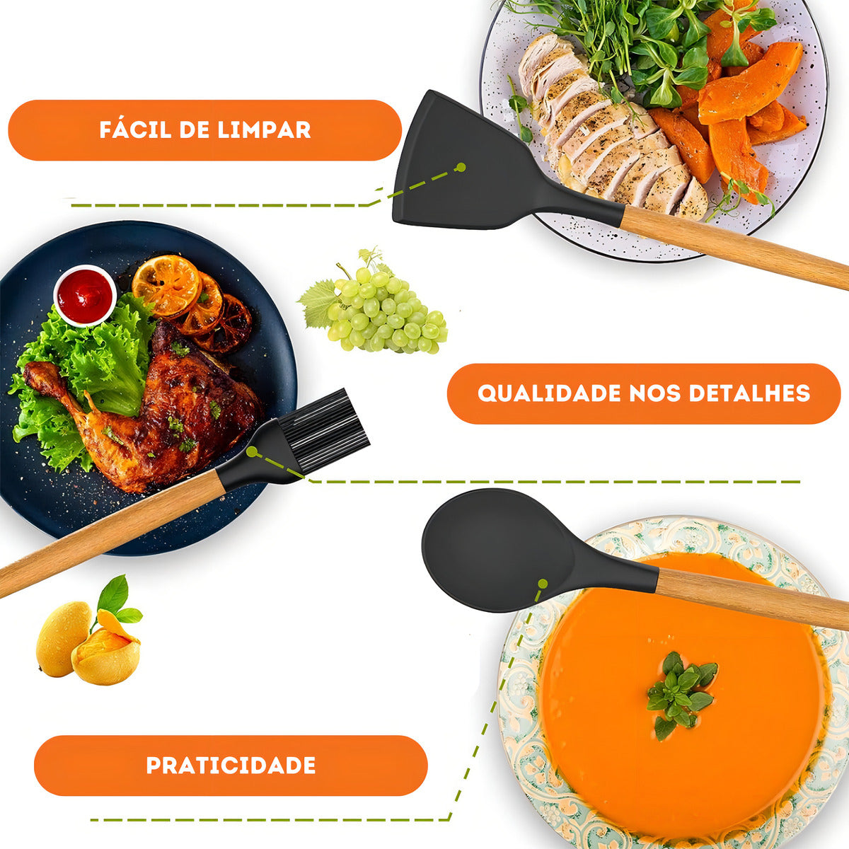 Jogo de Utensílios 19 Peças em Silicone Preto com Cabos de Madeira 32cm Resistentes ao Calor Design Moderno com Balde Organizador e Acessórios Inclusos – Ke Home