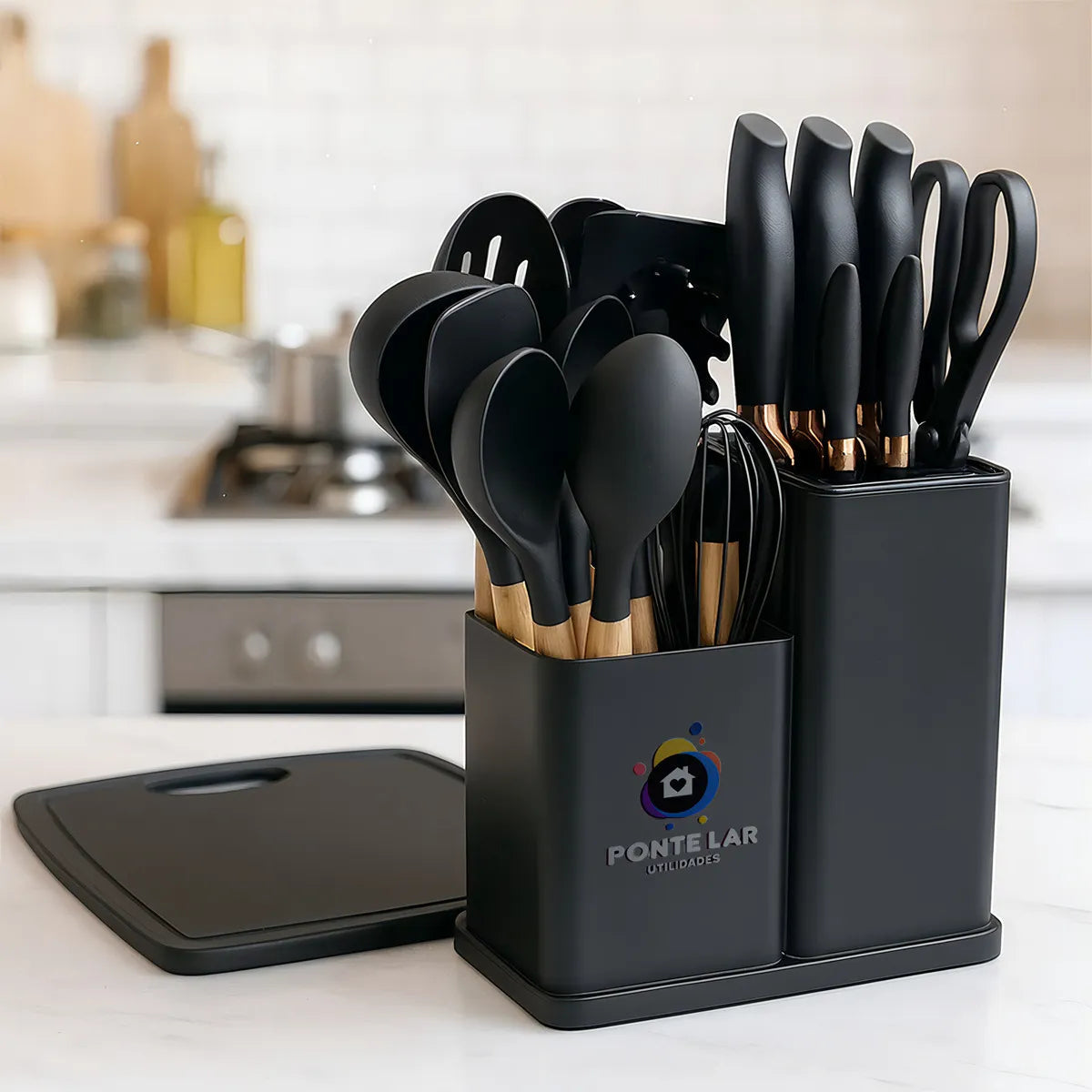 Jogo de Utensílios 19 Peças em Silicone Preto com Cabos de Madeira 32cm Resistentes ao Calor Design Moderno com Balde Organizador e Acessórios Inclusos – Ke Home