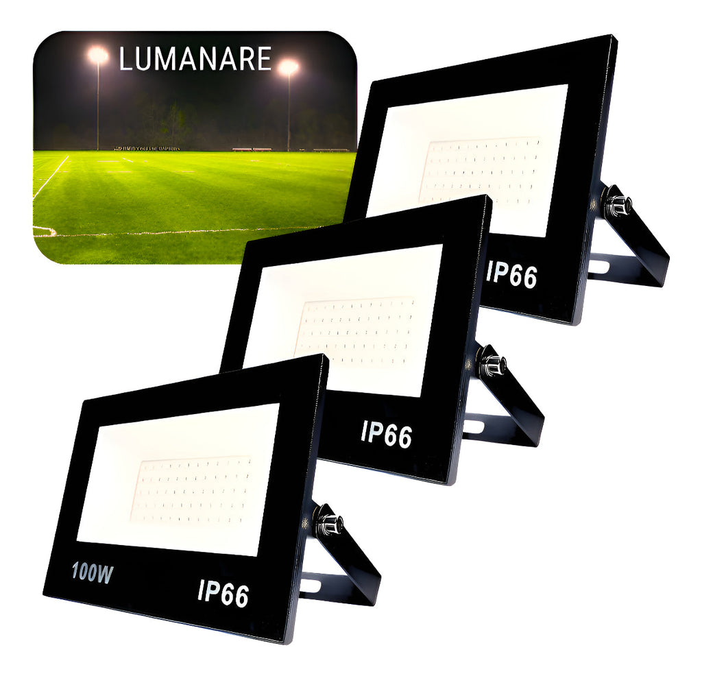 Kit Com 3 Refletor Led Holofote 100w Luz Branco-quente 3000k Resistente A Chuva Econômico Fácil De Instalar Carcaça Preta Ip66 Jardim Fachada Quintal