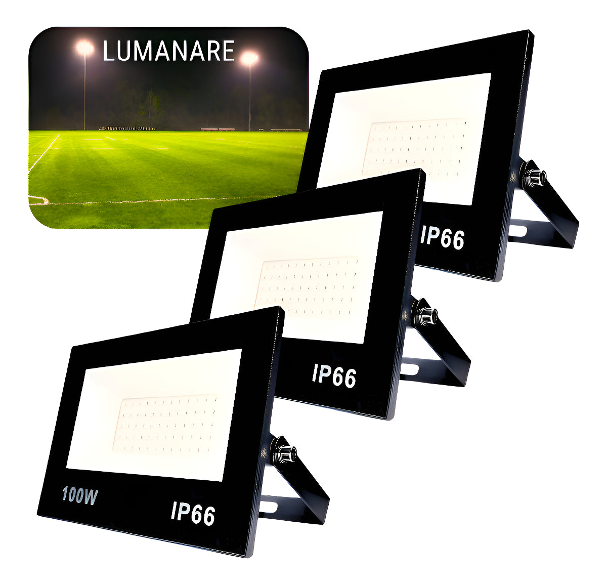 Kit Com 3 Refletor Led Holofote 100w Luz Branco-quente 3000k Resistente A Chuva Econômico Fácil De Instalar Carcaça Preta Ip66 Jardim Fachada Quintal