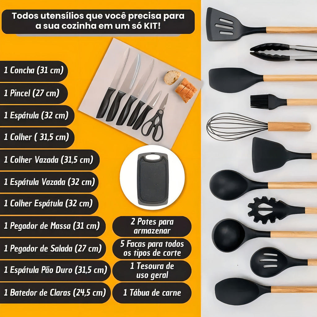 Jogo de Utensílios 19 Peças em Silicone Preto com Cabos de Madeira 32cm Resistentes ao Calor Design Moderno com Balde Organizador e Acessórios Inclusos – Ke Home
