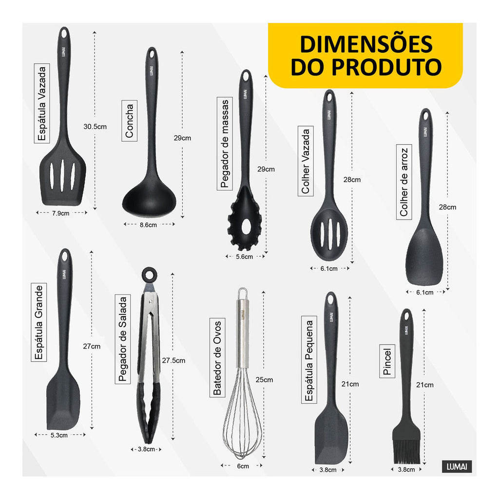 Lumai utensil silicone premium set conjunto 10 utensílios de cozinha cor preto escumadeira colheres espatulas pegador